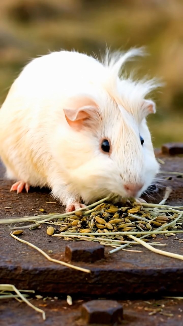 1879. Realistic scene of 1 smooth-haired White Crested guinea pig with cream fur, eating timothy hay, atop a sub tower hatch.