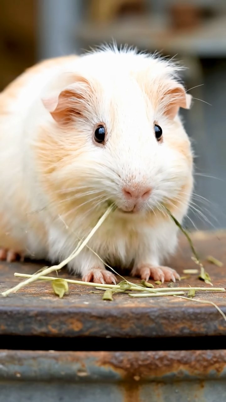 1879. Realistic scene of 1 smooth-haired White Crested guinea pig with cream fur, eating timothy hay, atop a sub tower hatch.