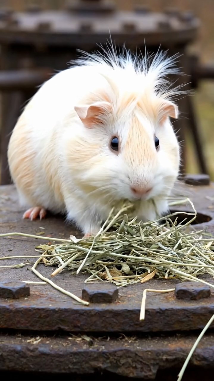 1879. Realistic scene of 1 smooth-haired White Crested guinea pig with cream fur, eating timothy hay, atop a sub tower hatch.