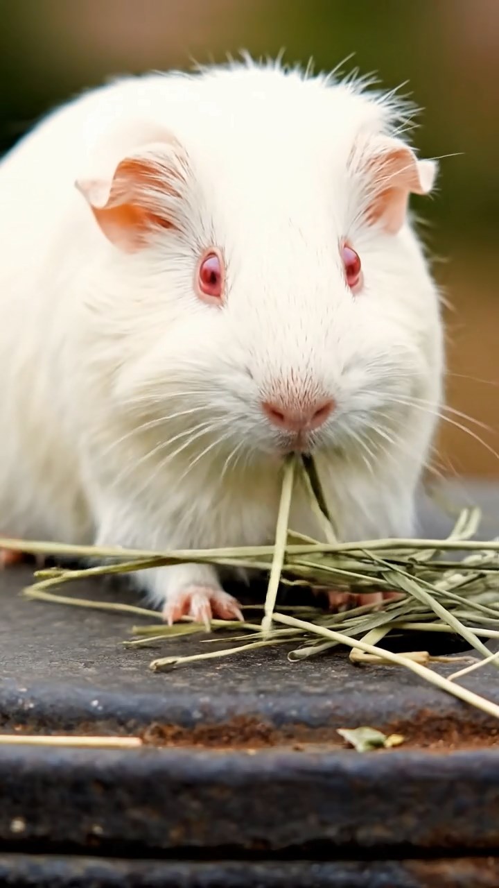 1879. Realistic scene of 1 smooth-haired White Crested guinea pig with cream fur, eating timothy hay, atop a sub tower hatch.