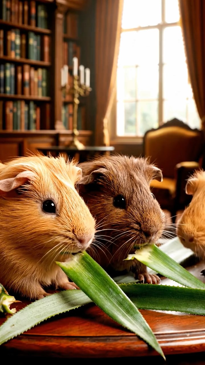 1880. Highly detailed view of 4 smooth-haired Skinny guinea pigs in fawn, chocolate, and cinnamon colors, nibbling on pineapple leaves, in a library special room.