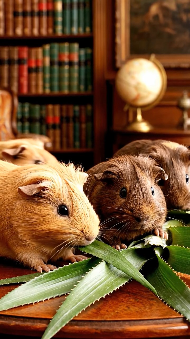 1880. Highly detailed view of 4 smooth-haired Skinny guinea pigs in fawn, chocolate, and cinnamon colors, nibbling on pineapple leaves, in a library special room.