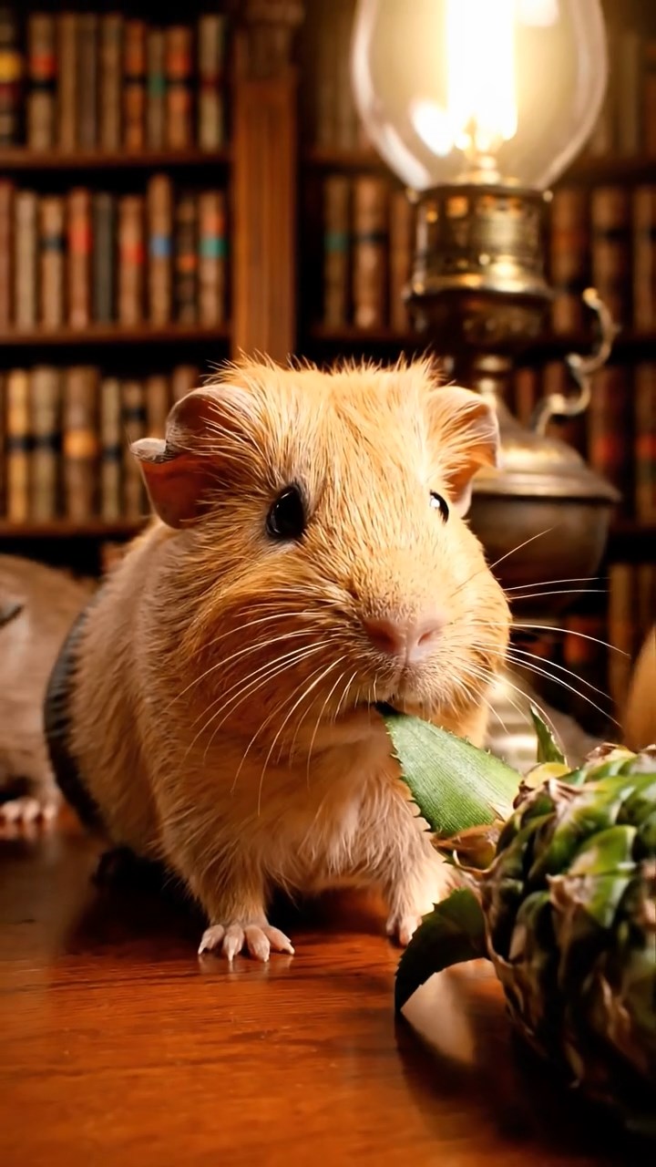 1880. Highly detailed view of 4 smooth-haired Skinny guinea pigs in fawn, chocolate, and cinnamon colors, nibbling on pineapple leaves, in a library special room.