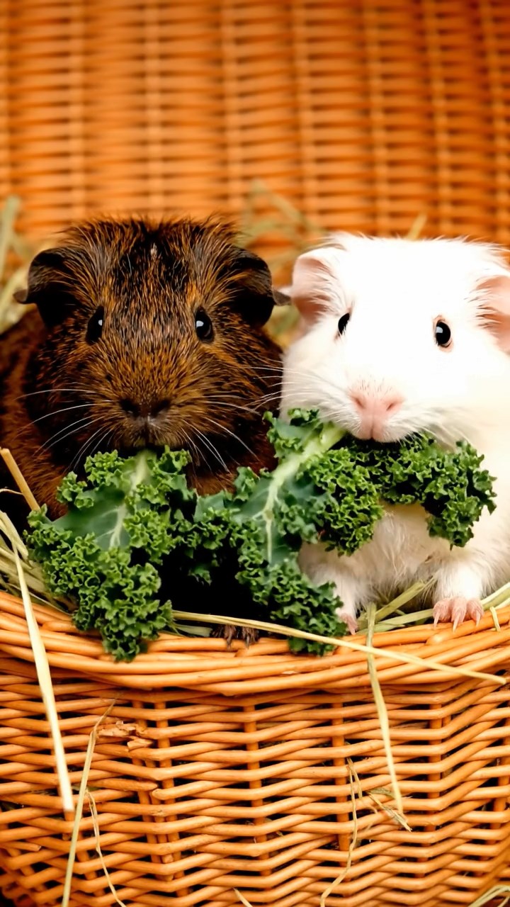 1881. Photorealistic photo of 2 smooth-haired American guinea pigs with sable and white fur, chewing on kale bunches, inside a balloon flight basket.