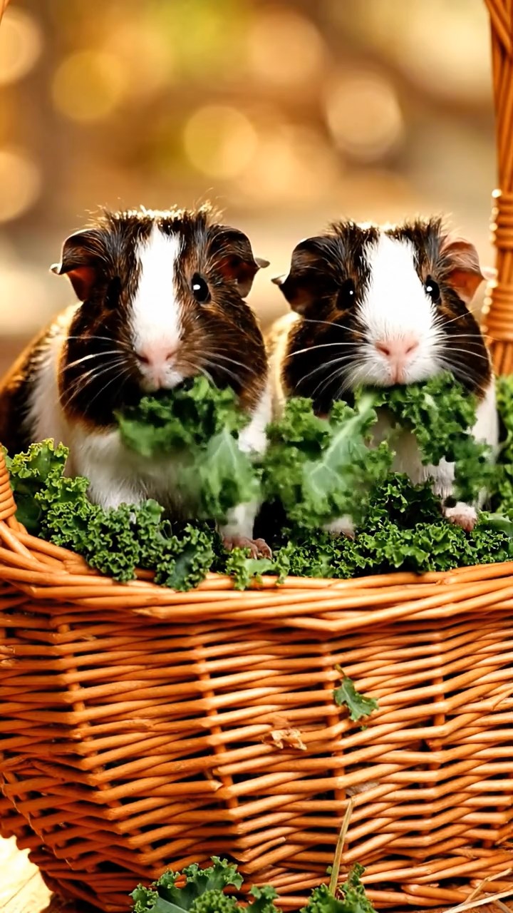 1881. Photorealistic photo of 2 smooth-haired American guinea pigs with sable and white fur, chewing on kale bunches, inside a balloon flight basket.