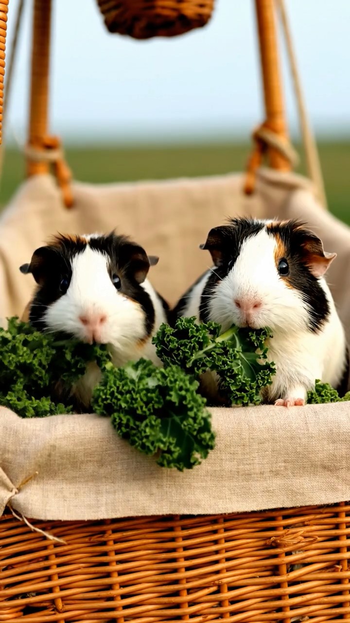 1881. Photorealistic photo of 2 smooth-haired American guinea pigs with sable and white fur, chewing on kale bunches, inside a balloon flight basket.