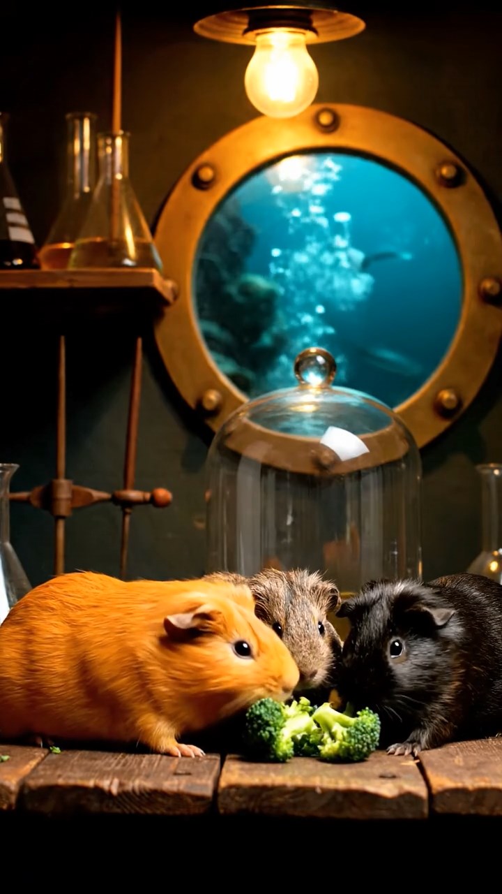 1882. Realistic depiction of 3 smooth-haired Abyssinian guinea pigs featuring orange, gray, and black coats, sharing broccoli heads, through a lab sea window.