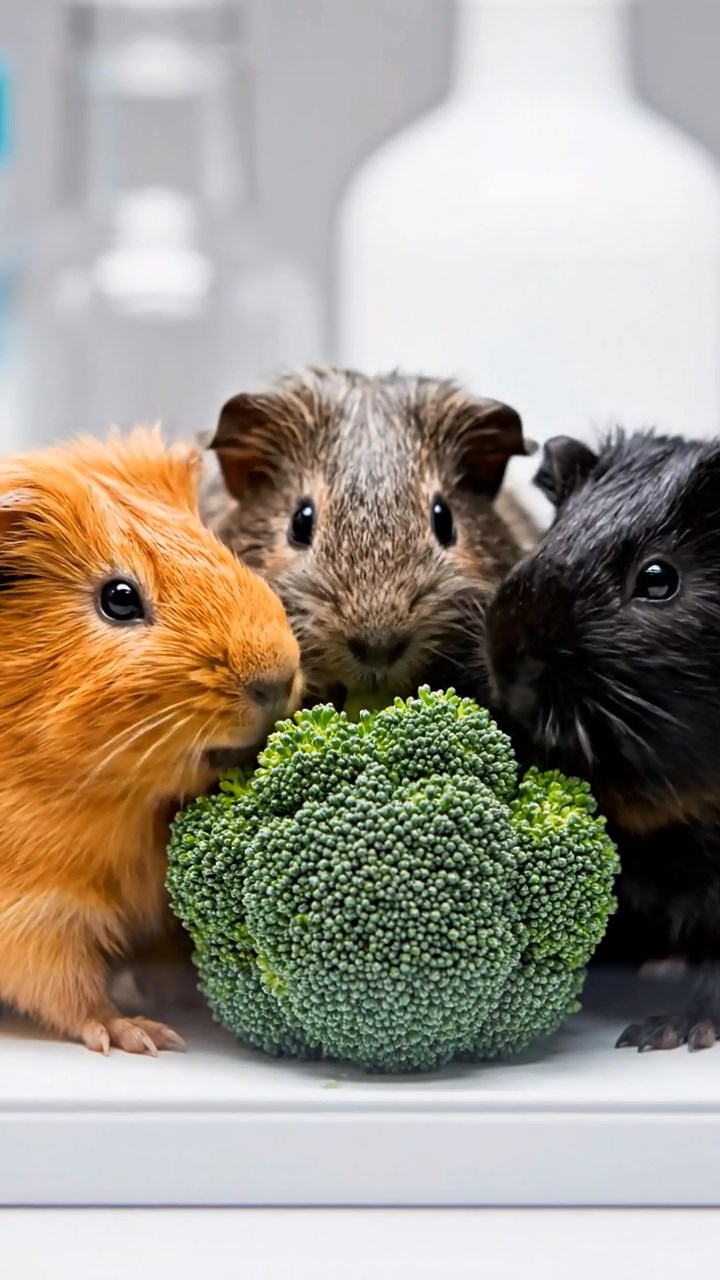 1882. Realistic depiction of 3 smooth-haired Abyssinian guinea pigs featuring orange, gray, and black coats, sharing broccoli heads, through a lab sea window.