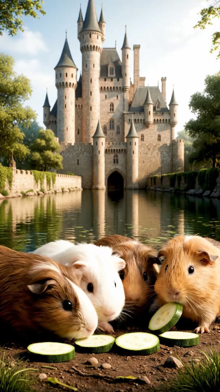 1883. Detailed image of 5 smooth-haired Peruvian guinea pigs with brown, cream, and fawn fur, munching on zucchini slices, by a castle water edge.