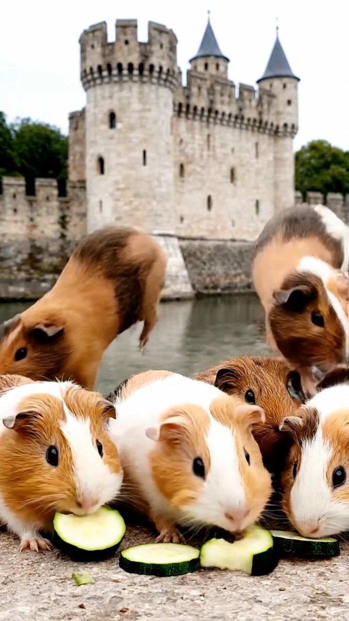 1883. Detailed image of 5 smooth-haired Peruvian guinea pigs with brown, cream, and fawn fur, munching on zucchini slices, by a castle water edge.