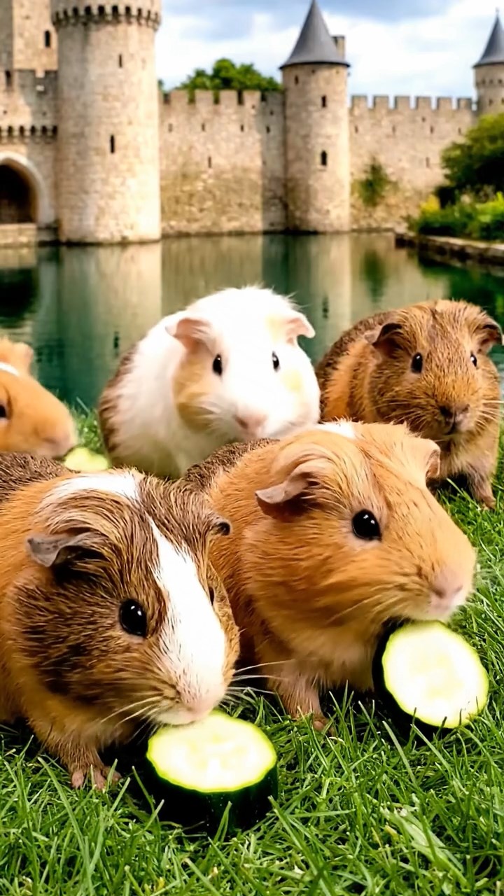 1883. Detailed image of 5 smooth-haired Peruvian guinea pigs with brown, cream, and fawn fur, munching on zucchini slices, by a castle water edge.