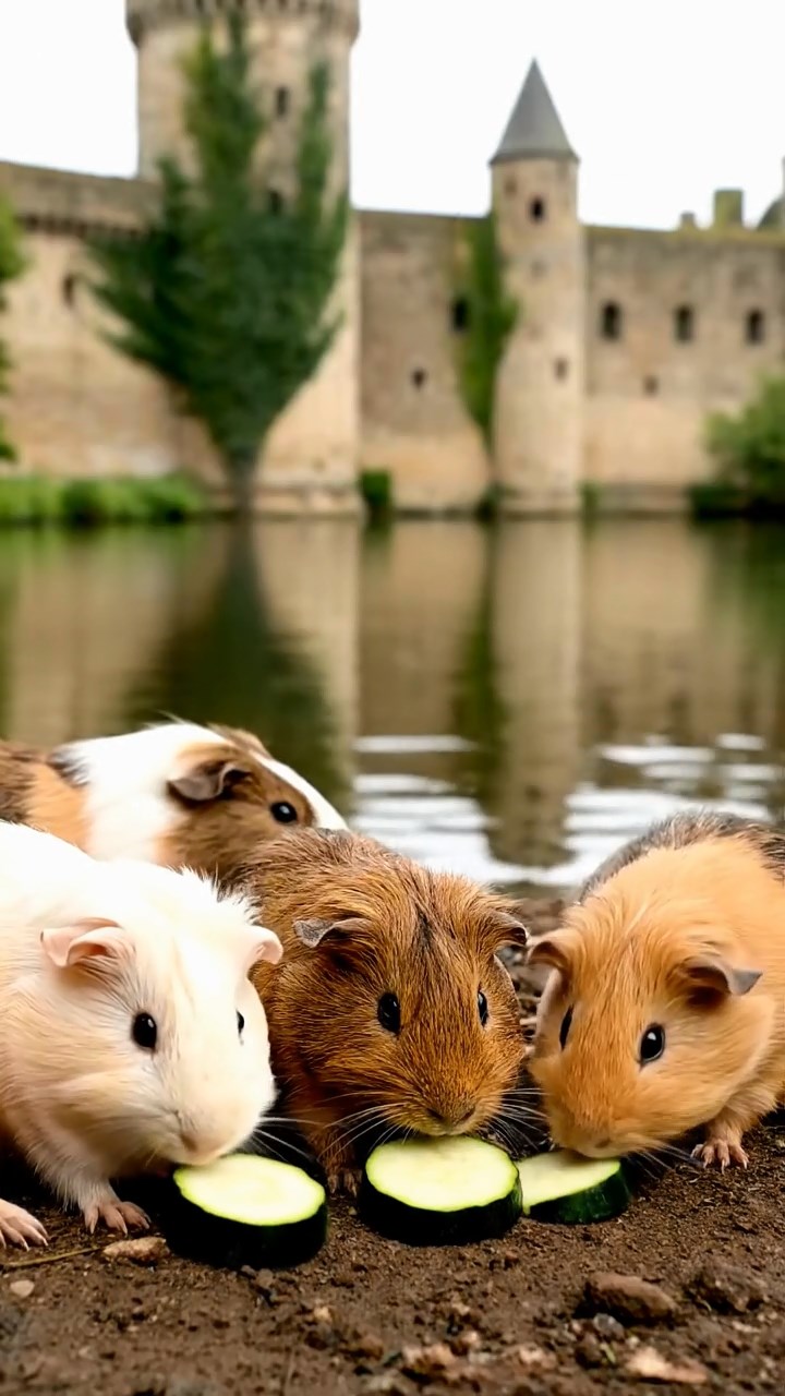 1883. Detailed image of 5 smooth-haired Peruvian guinea pigs with brown, cream, and fawn fur, munching on zucchini slices, by a castle water edge.
