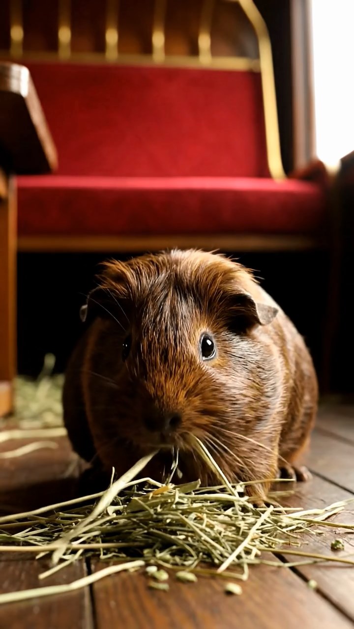 1884. Photorealistic scene of 1 smooth-haired Silkie guinea pig with chocolate fur, eating alfalfa hay, in a train end car.