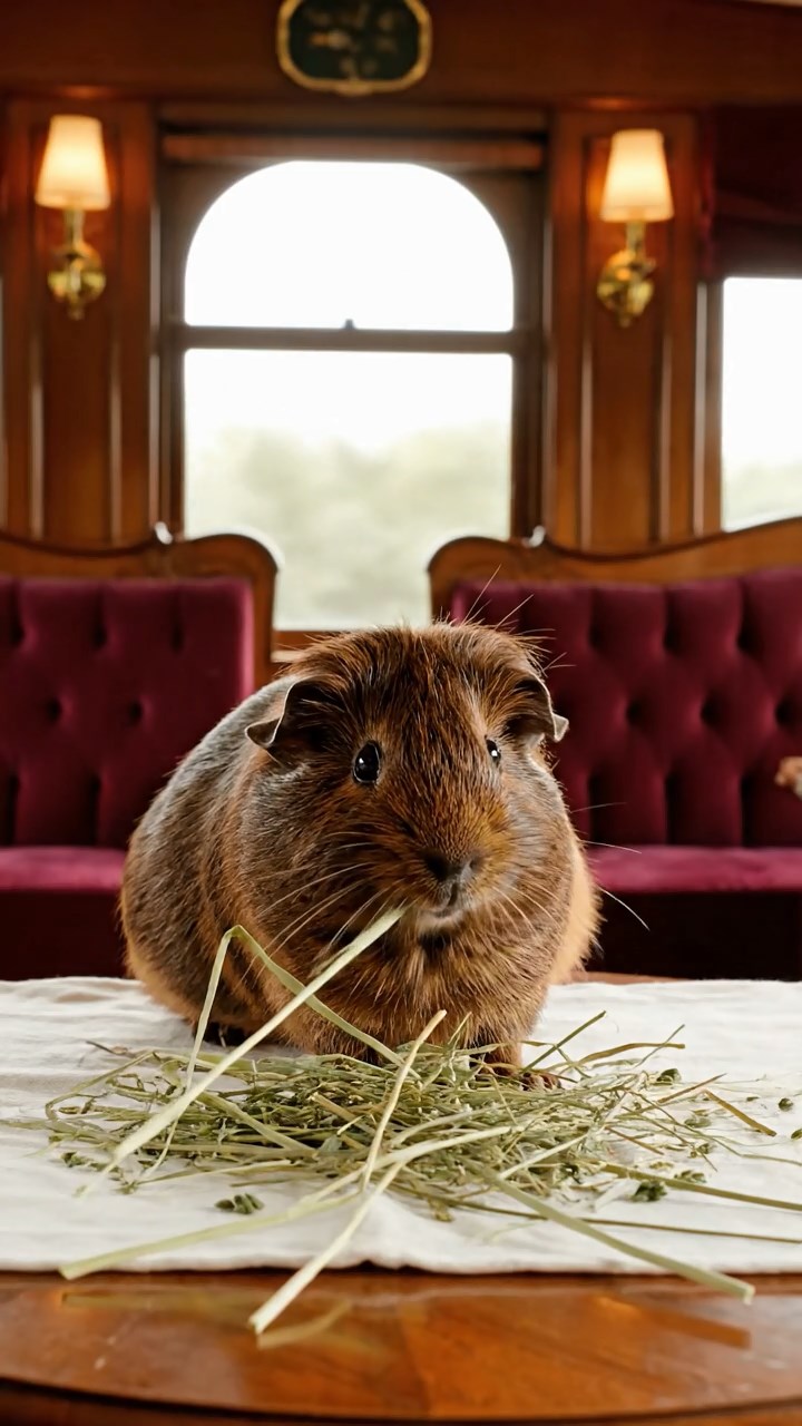 1884. Photorealistic scene of 1 smooth-haired Silkie guinea pig with chocolate fur, eating alfalfa hay, in a train end car.