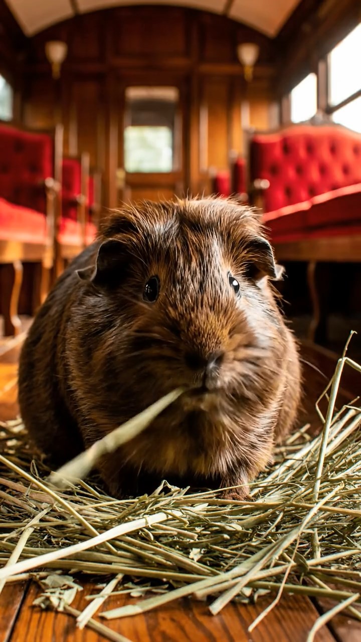 1884. Photorealistic scene of 1 smooth-haired Silkie guinea pig with chocolate fur, eating alfalfa hay, in a train end car.