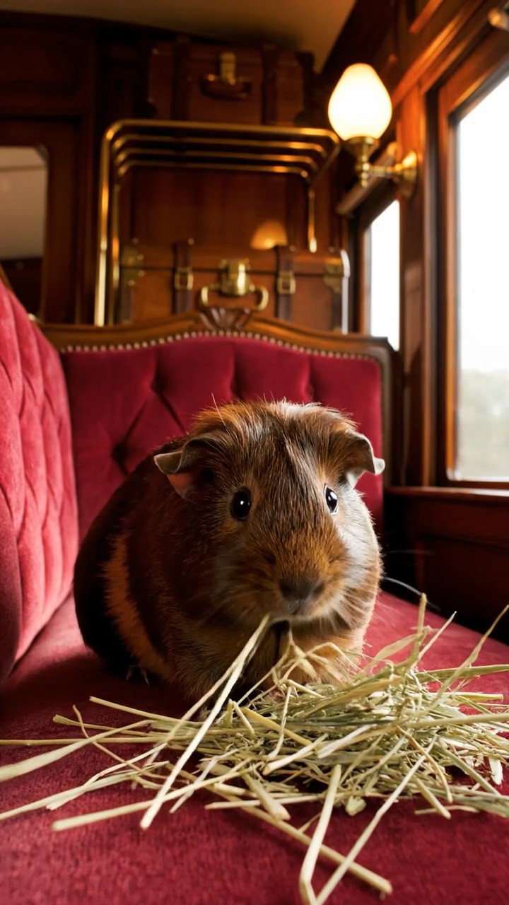 1884. Photorealistic scene of 1 smooth-haired Silkie guinea pig with chocolate fur, eating alfalfa hay, in a train end car.