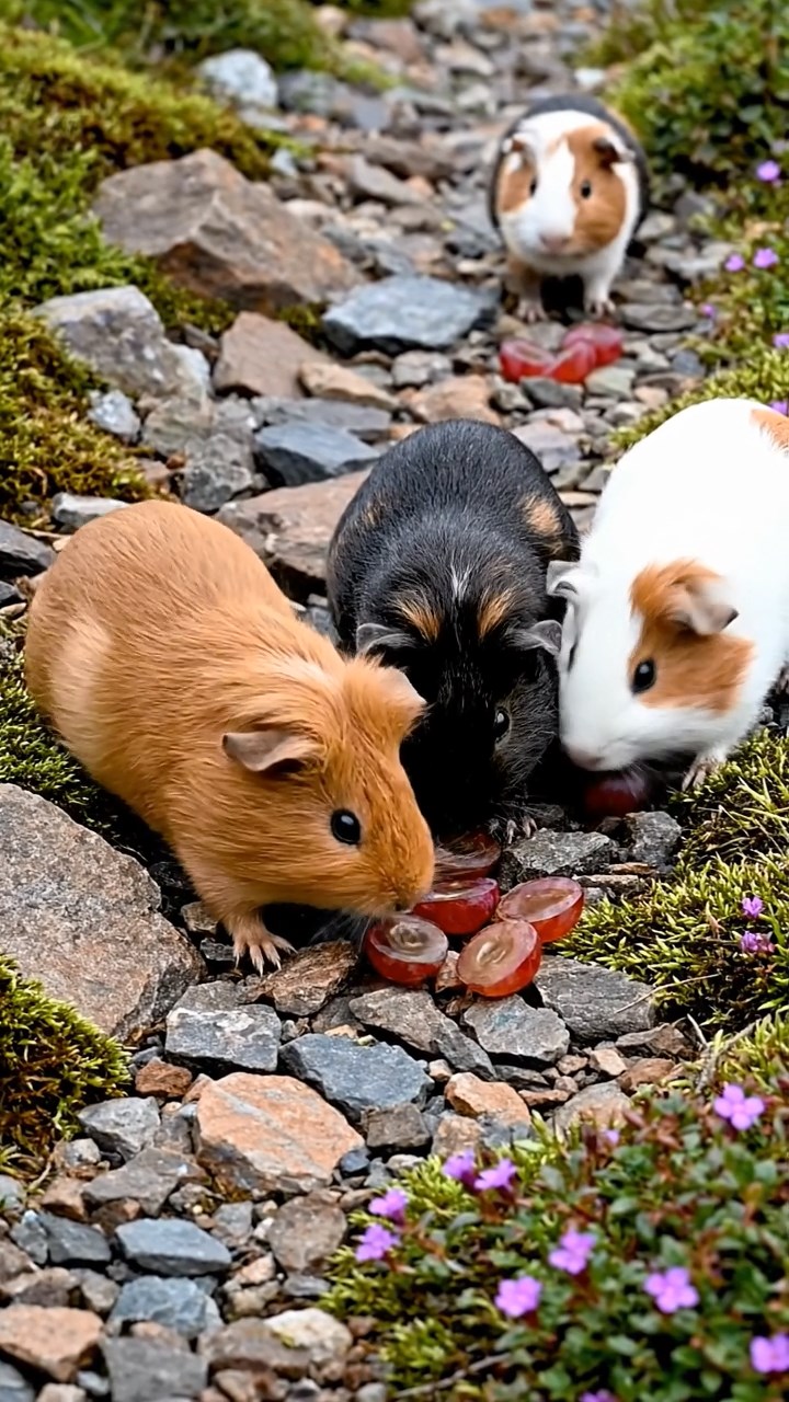 1885. Realistic photo of 4 smooth-haired Teddy guinea pigs in cinnamon, sable, and white colors, nibbling on grape halves, on a glacier rocky path.
