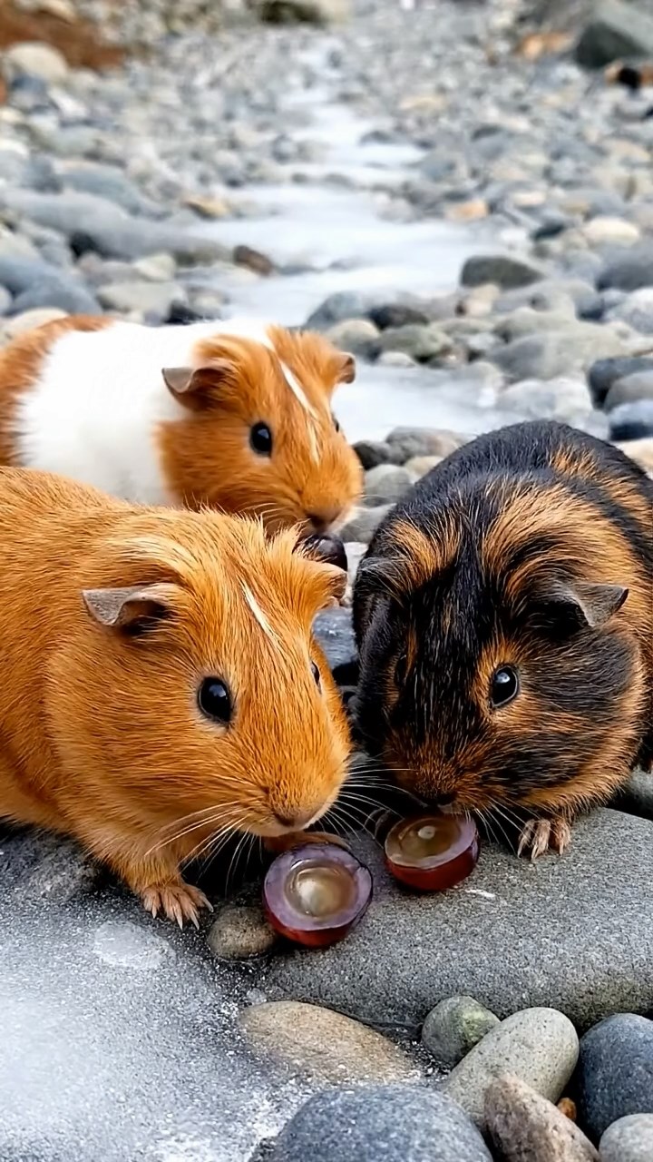 1885. Realistic photo of 4 smooth-haired Teddy guinea pigs in cinnamon, sable, and white colors, nibbling on grape halves, on a glacier rocky path.