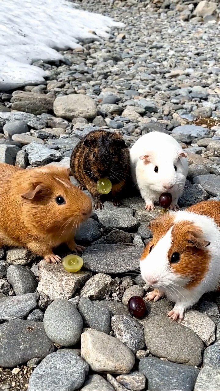 1885. Realistic photo of 4 smooth-haired Teddy guinea pigs in cinnamon, sable, and white colors, nibbling on grape halves, on a glacier rocky path.