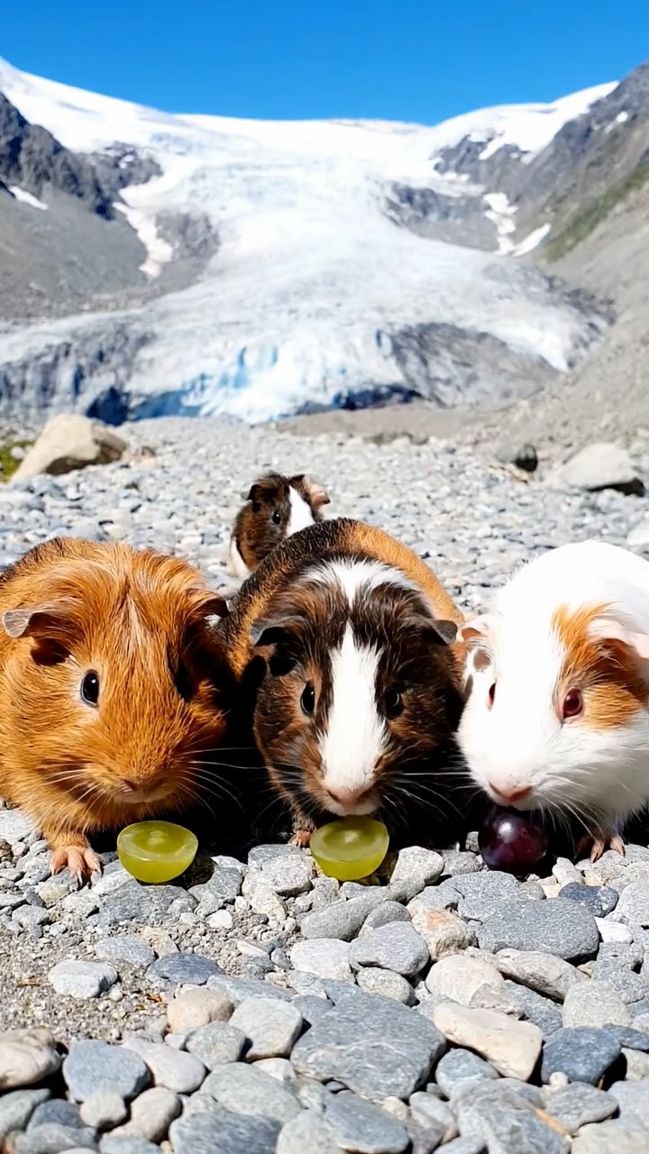 1885. Realistic photo of 4 smooth-haired Teddy guinea pigs in cinnamon, sable, and white colors, nibbling on grape halves, on a glacier rocky path.