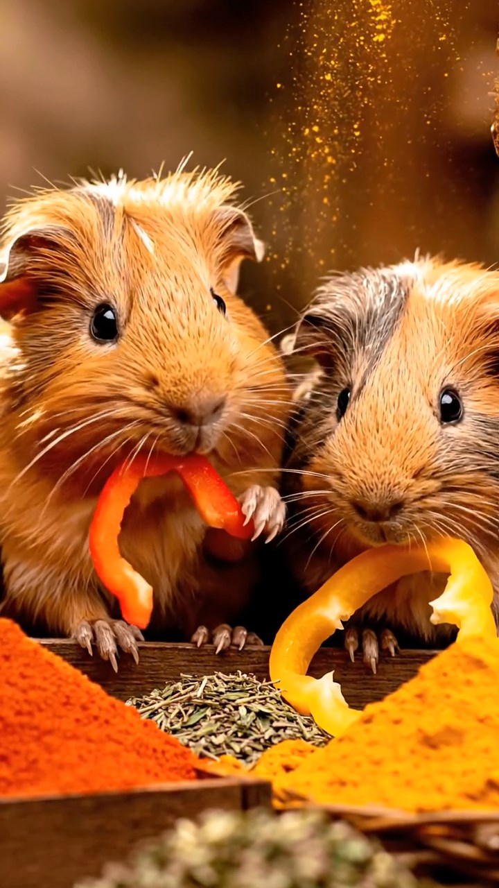 1886. Highly detailed view of 2 smooth-haired Texel guinea pigs with orange and gray fur, chewing on bell pepper strips, amid a market spice shop.