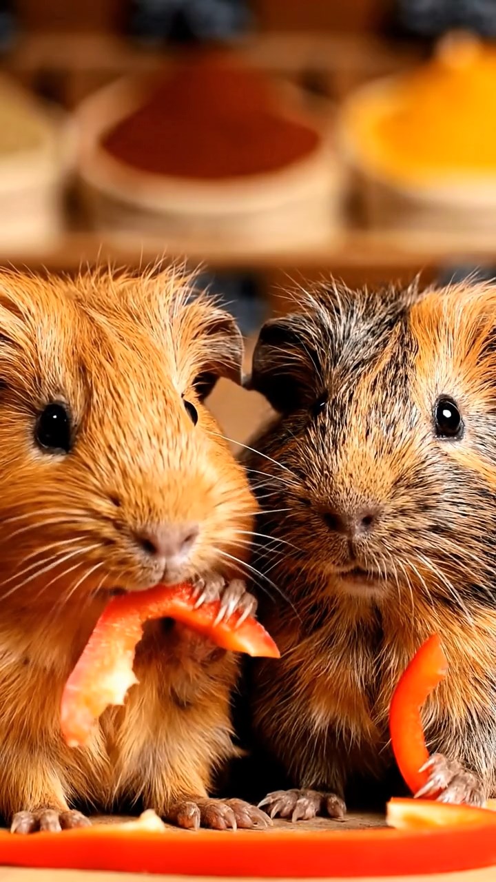 1886. Highly detailed view of 2 smooth-haired Texel guinea pigs with orange and gray fur, chewing on bell pepper strips, amid a market spice shop.