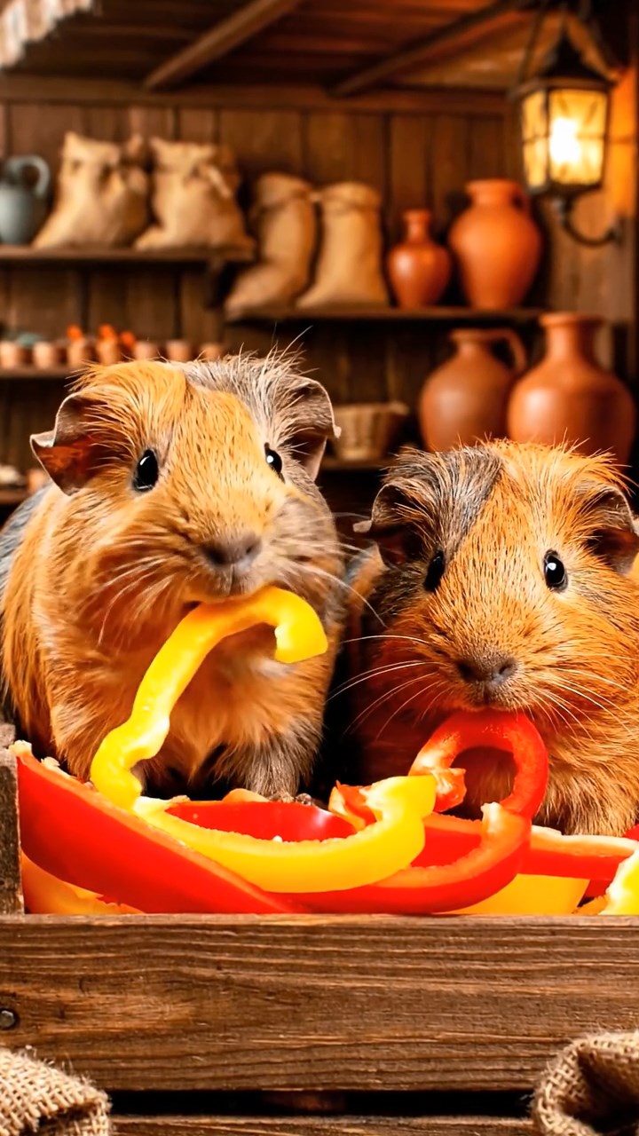 1886. Highly detailed view of 2 smooth-haired Texel guinea pigs with orange and gray fur, chewing on bell pepper strips, amid a market spice shop.