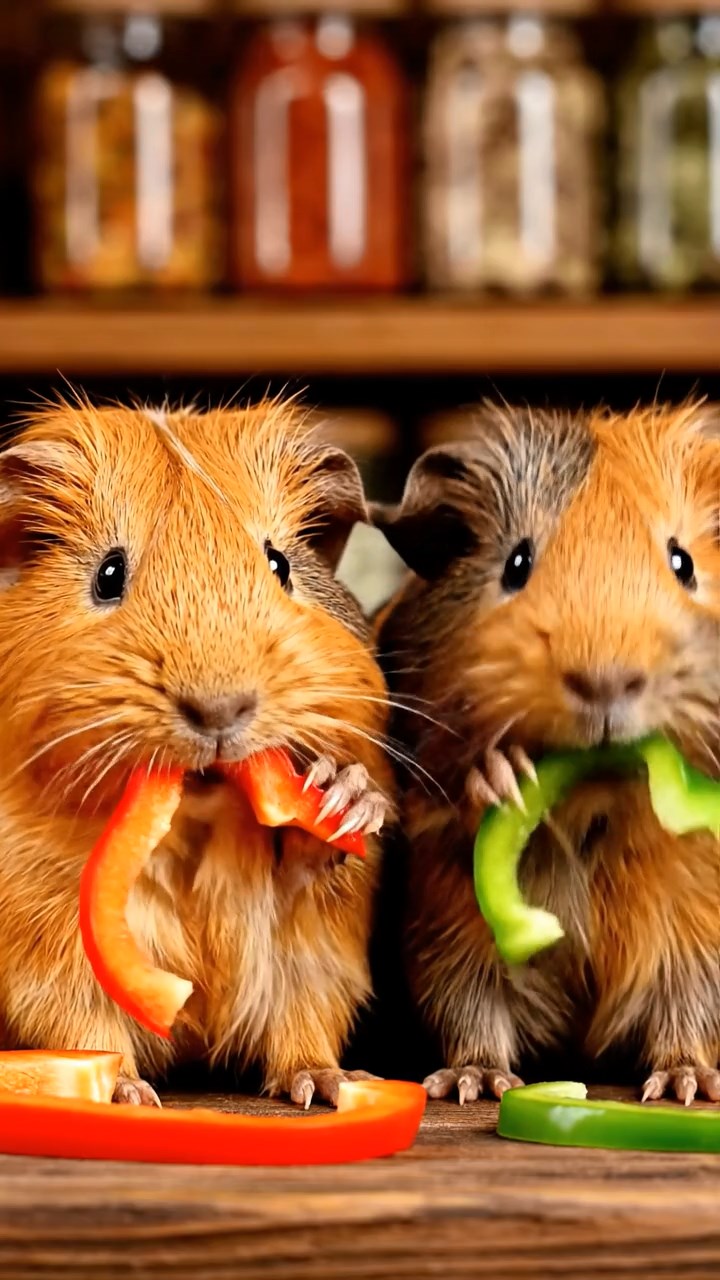 1886. Highly detailed view of 2 smooth-haired Texel guinea pigs with orange and gray fur, chewing on bell pepper strips, amid a market spice shop.