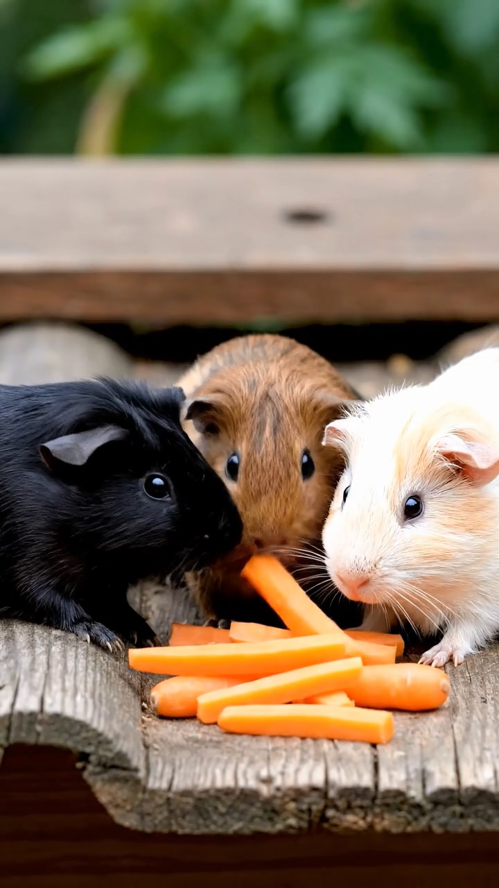 1887. Photorealistic image of 3 smooth-haired Rex guinea pigs featuring black, brown, and cream coats, sharing carrot sticks, on a roof panel farm.