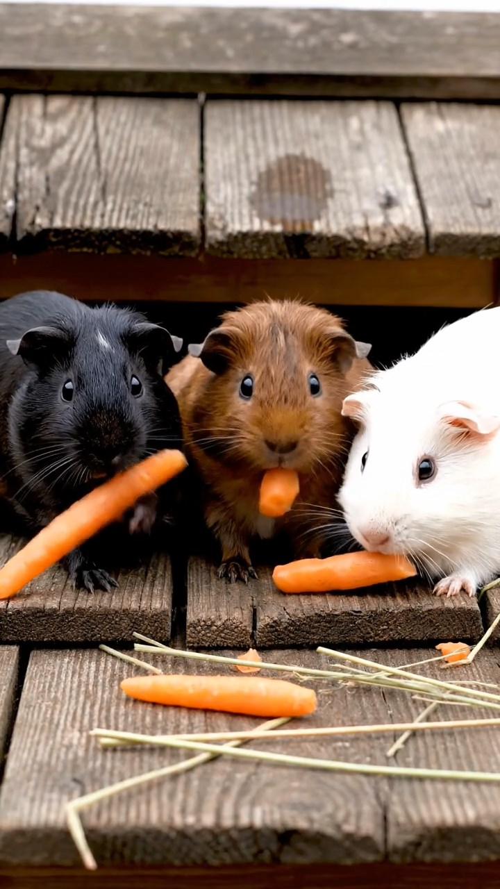 1887. Photorealistic image of 3 smooth-haired Rex guinea pigs featuring black, brown, and cream coats, sharing carrot sticks, on a roof panel farm.