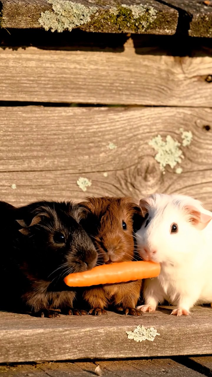 1887. Photorealistic image of 3 smooth-haired Rex guinea pigs featuring black, brown, and cream coats, sharing carrot sticks, on a roof panel farm.