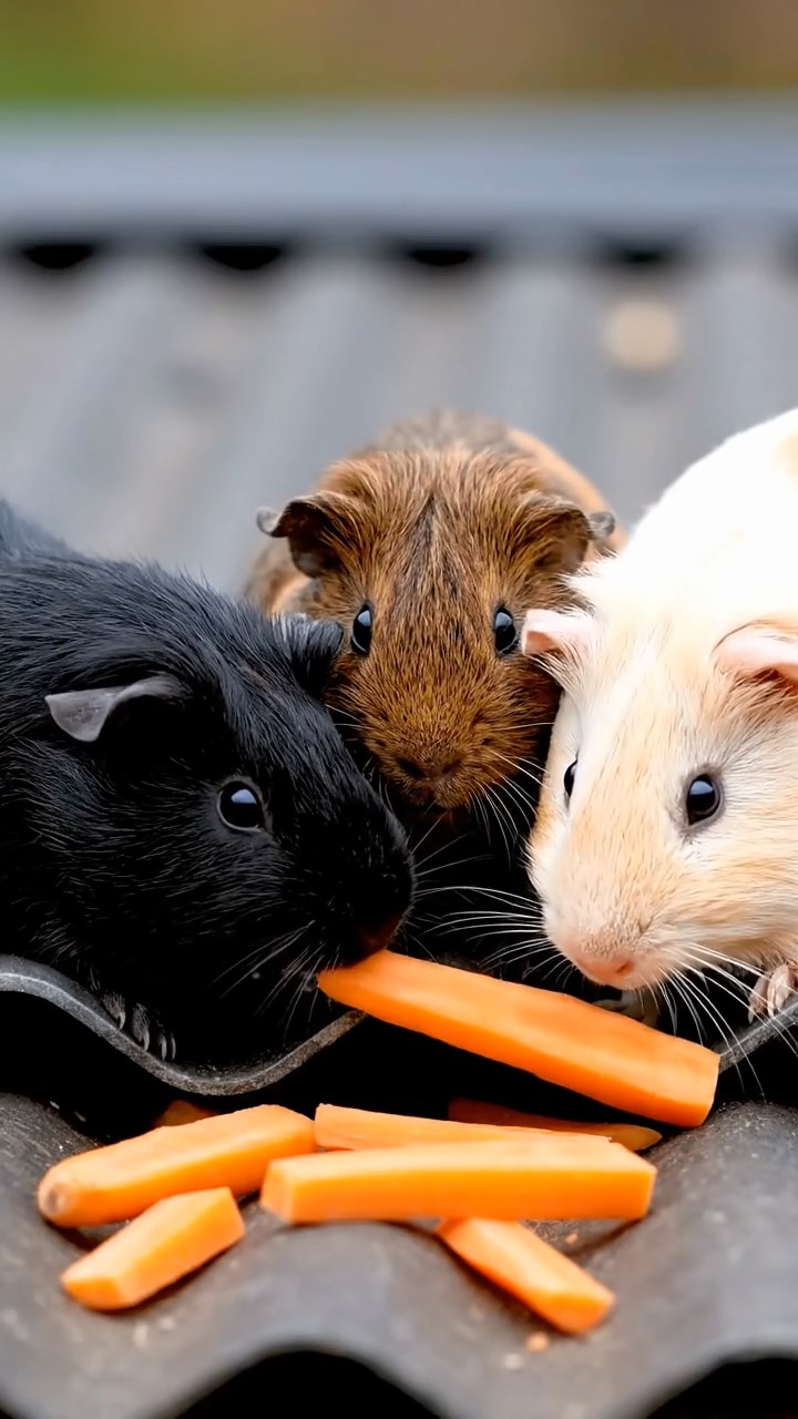 1887. Photorealistic image of 3 smooth-haired Rex guinea pigs featuring black, brown, and cream coats, sharing carrot sticks, on a roof panel farm.