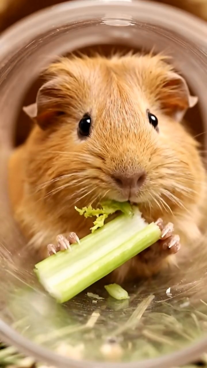 1888. Realistic depiction of 1 smooth-haired Coronet guinea pig with fawn fur, munching on celery ribs, in a shark view tunnel.
