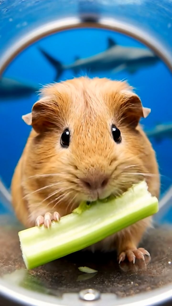 1888. Realistic depiction of 1 smooth-haired Coronet guinea pig with fawn fur, munching on celery ribs, in a shark view tunnel.