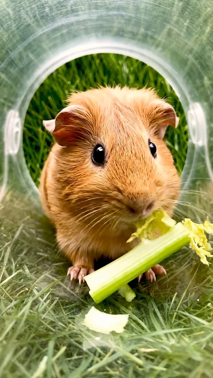 1888. Realistic depiction of 1 smooth-haired Coronet guinea pig with fawn fur, munching on celery ribs, in a shark view tunnel.