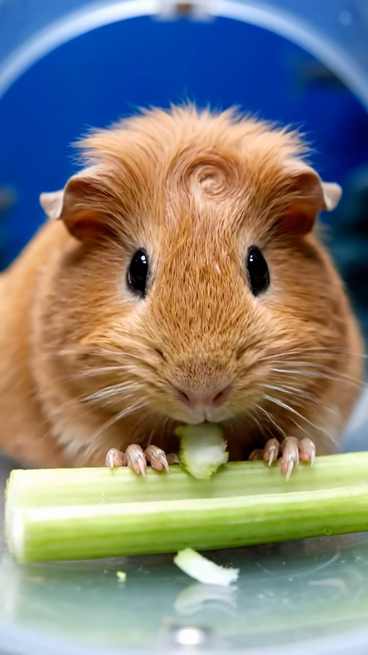 1888. Realistic depiction of 1 smooth-haired Coronet guinea pig with fawn fur, munching on celery ribs, in a shark view tunnel.
