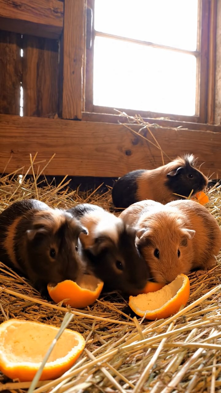 1889. Detailed scene of 5 smooth-haired White Crested guinea pigs with chocolate, cinnamon, and sable fur, eating orange peels, in a barn upper loft.