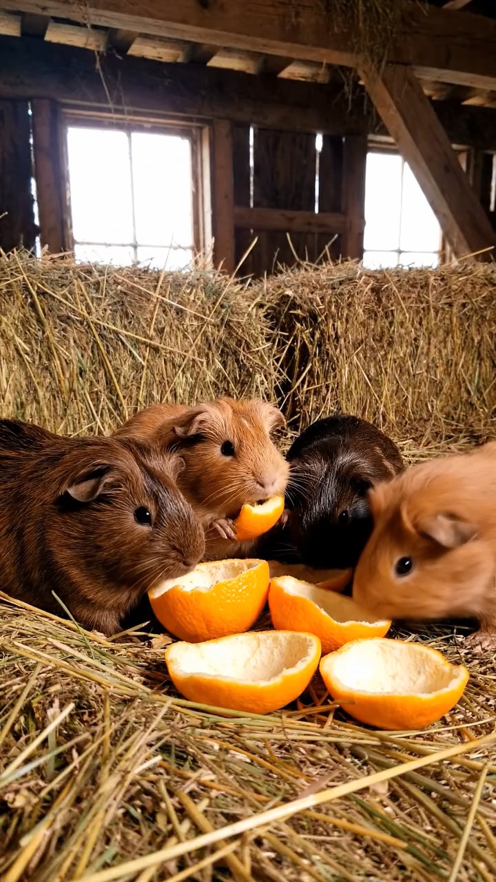 1889. Detailed scene of 5 smooth-haired White Crested guinea pigs with chocolate, cinnamon, and sable fur, eating orange peels, in a barn upper loft.