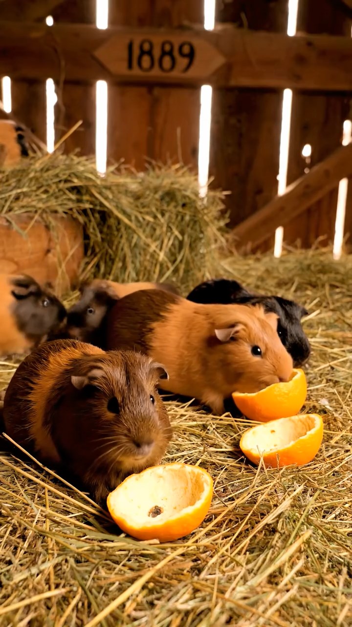 1889. Detailed scene of 5 smooth-haired White Crested guinea pigs with chocolate, cinnamon, and sable fur, eating orange peels, in a barn upper loft.