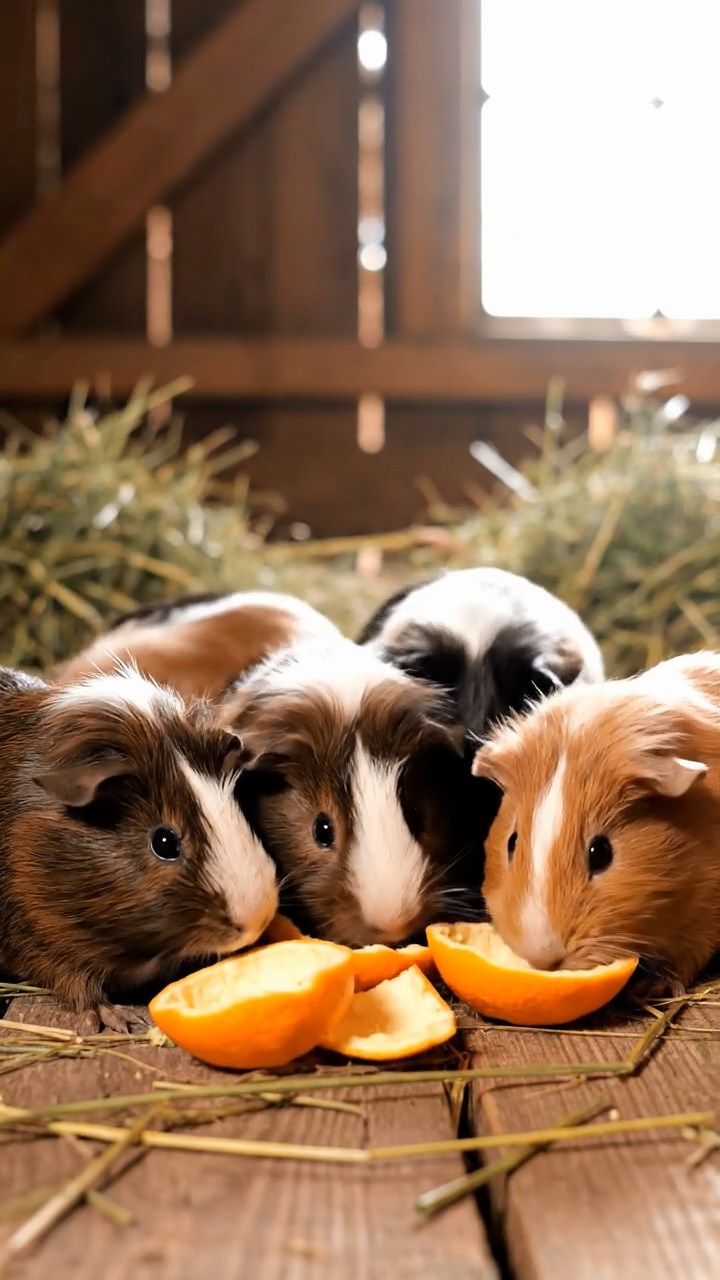 1889. Detailed scene of 5 smooth-haired White Crested guinea pigs with chocolate, cinnamon, and sable fur, eating orange peels, in a barn upper loft.
