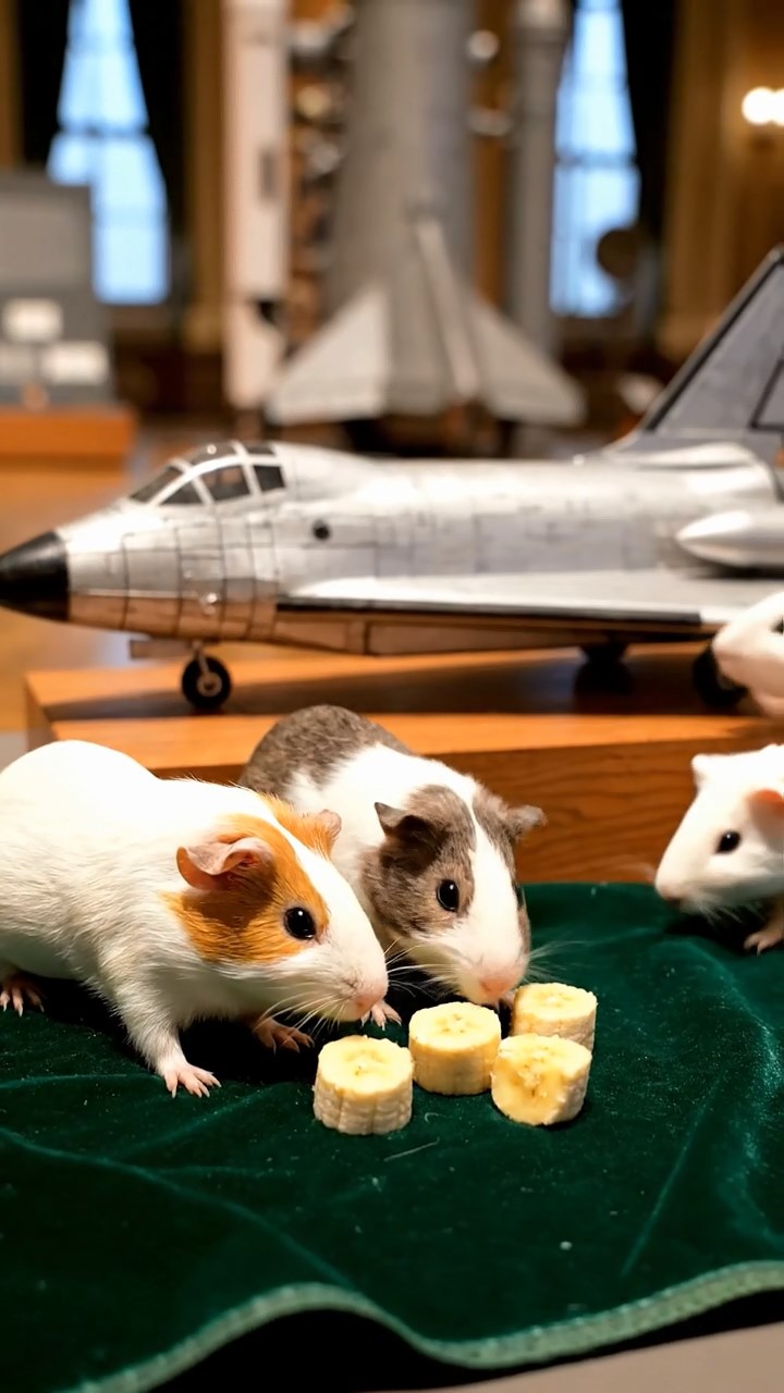 1890. Photorealistic photo of 4 smooth-haired Skinny guinea pigs in white, orange, and gray colors, nibbling on banana chunks, near a space exhibit shuttle.
