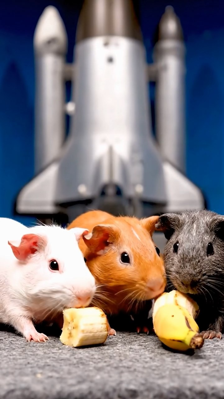 1890. Photorealistic photo of 4 smooth-haired Skinny guinea pigs in white, orange, and gray colors, nibbling on banana chunks, near a space exhibit shuttle.