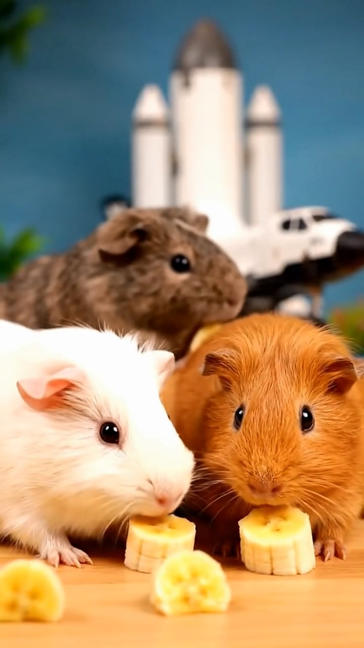1890. Photorealistic photo of 4 smooth-haired Skinny guinea pigs in white, orange, and gray colors, nibbling on banana chunks, near a space exhibit shuttle.