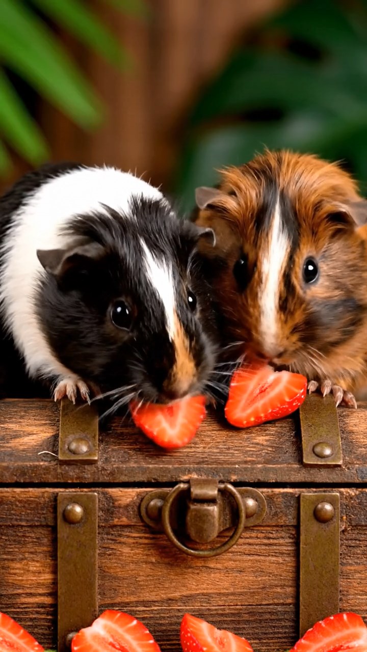 1891. Realistic image of 2 smooth-haired American guinea pigs with black and brown fur, chewing on strawberry slices, atop a treasure island chest.
