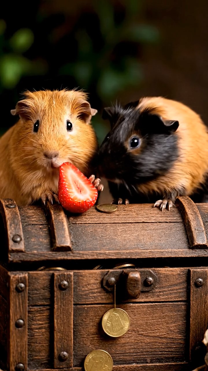 1891. Realistic image of 2 smooth-haired American guinea pigs with black and brown fur, chewing on strawberry slices, atop a treasure island chest.