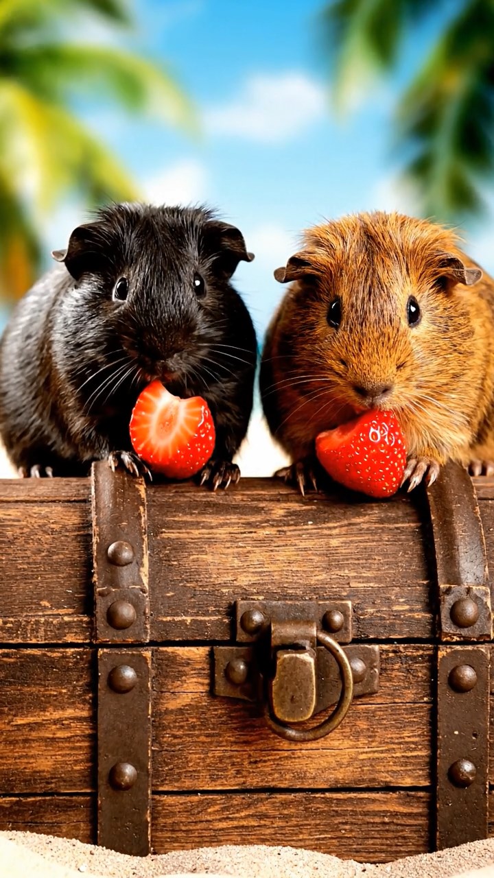 1891. Realistic image of 2 smooth-haired American guinea pigs with black and brown fur, chewing on strawberry slices, atop a treasure island chest.