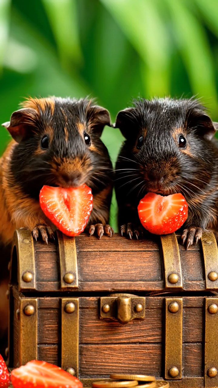 1891. Realistic image of 2 smooth-haired American guinea pigs with black and brown fur, chewing on strawberry slices, atop a treasure island chest.
