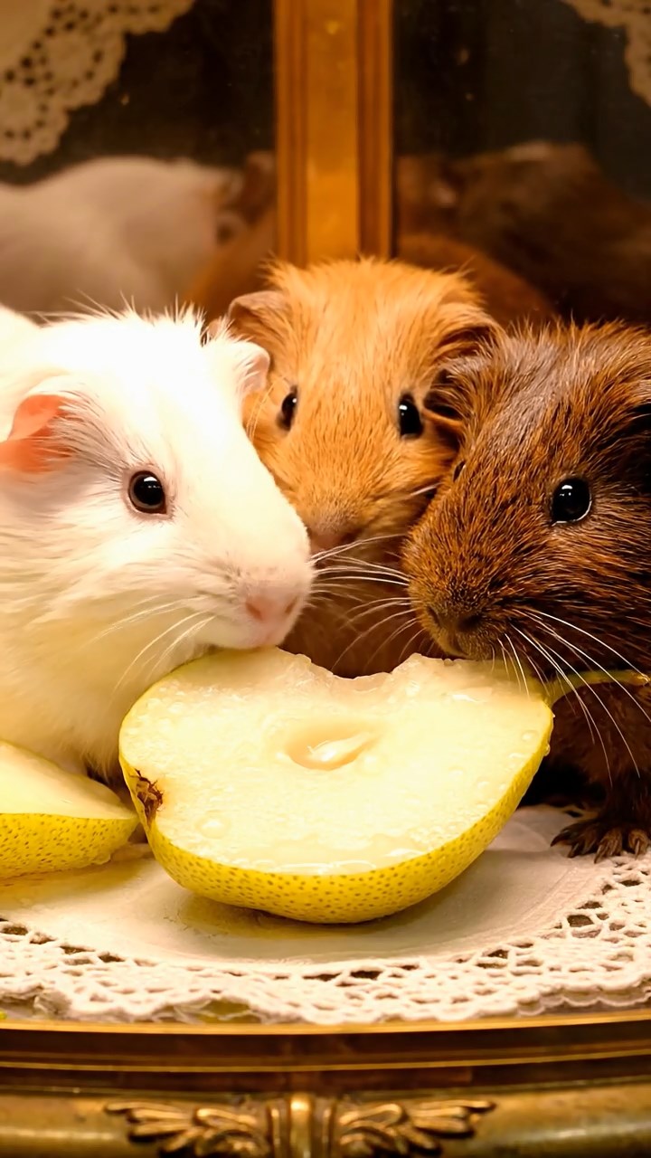 1892. Highly detailed view of 3 smooth-haired Abyssinian guinea pigs featuring cream, fawn, and chocolate coats, sharing pear halves, inside a patisserie case.