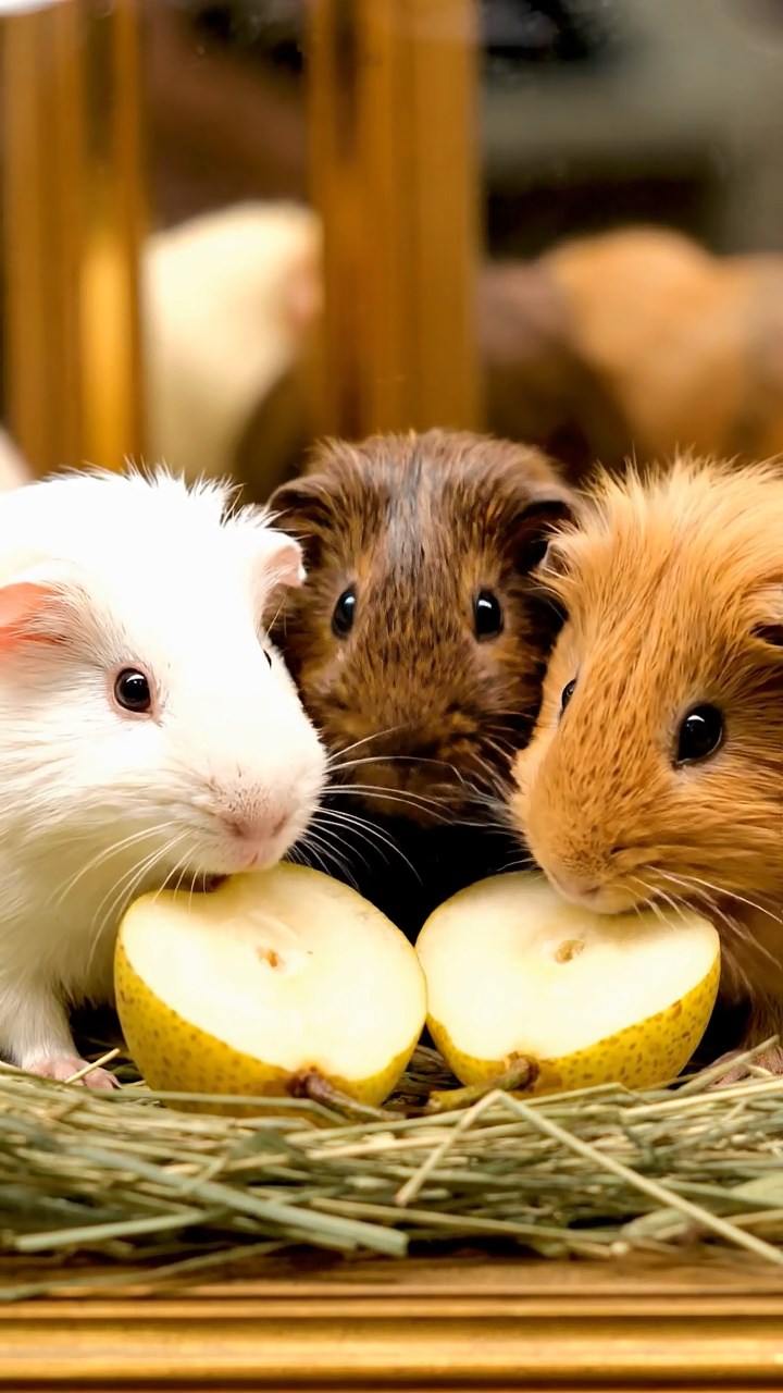 1892. Highly detailed view of 3 smooth-haired Abyssinian guinea pigs featuring cream, fawn, and chocolate coats, sharing pear halves, inside a patisserie case.