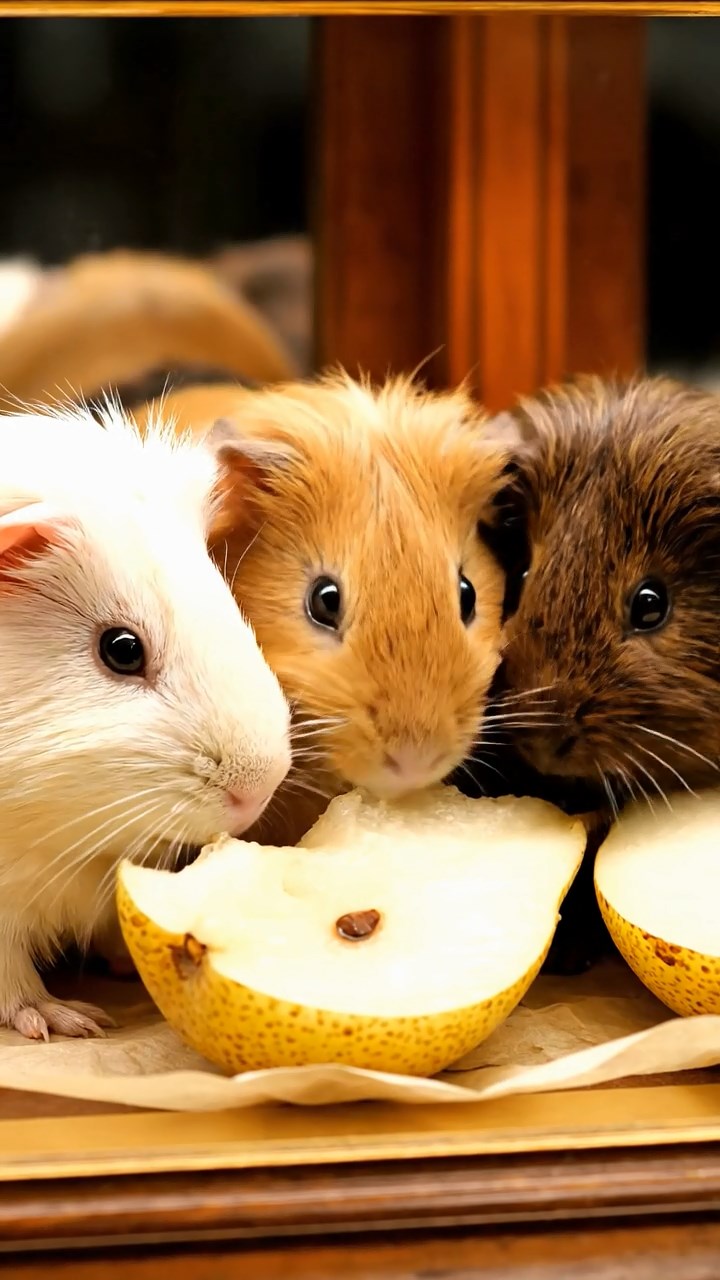 1892. Highly detailed view of 3 smooth-haired Abyssinian guinea pigs featuring cream, fawn, and chocolate coats, sharing pear halves, inside a patisserie case.